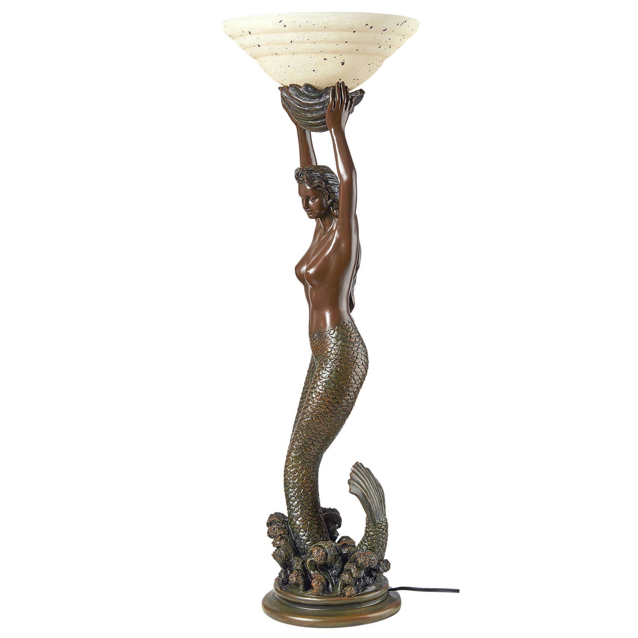 Toscano - The Goddess Offering Mermaid Sculptural Table Lamp in Verdigris, Designer Resin