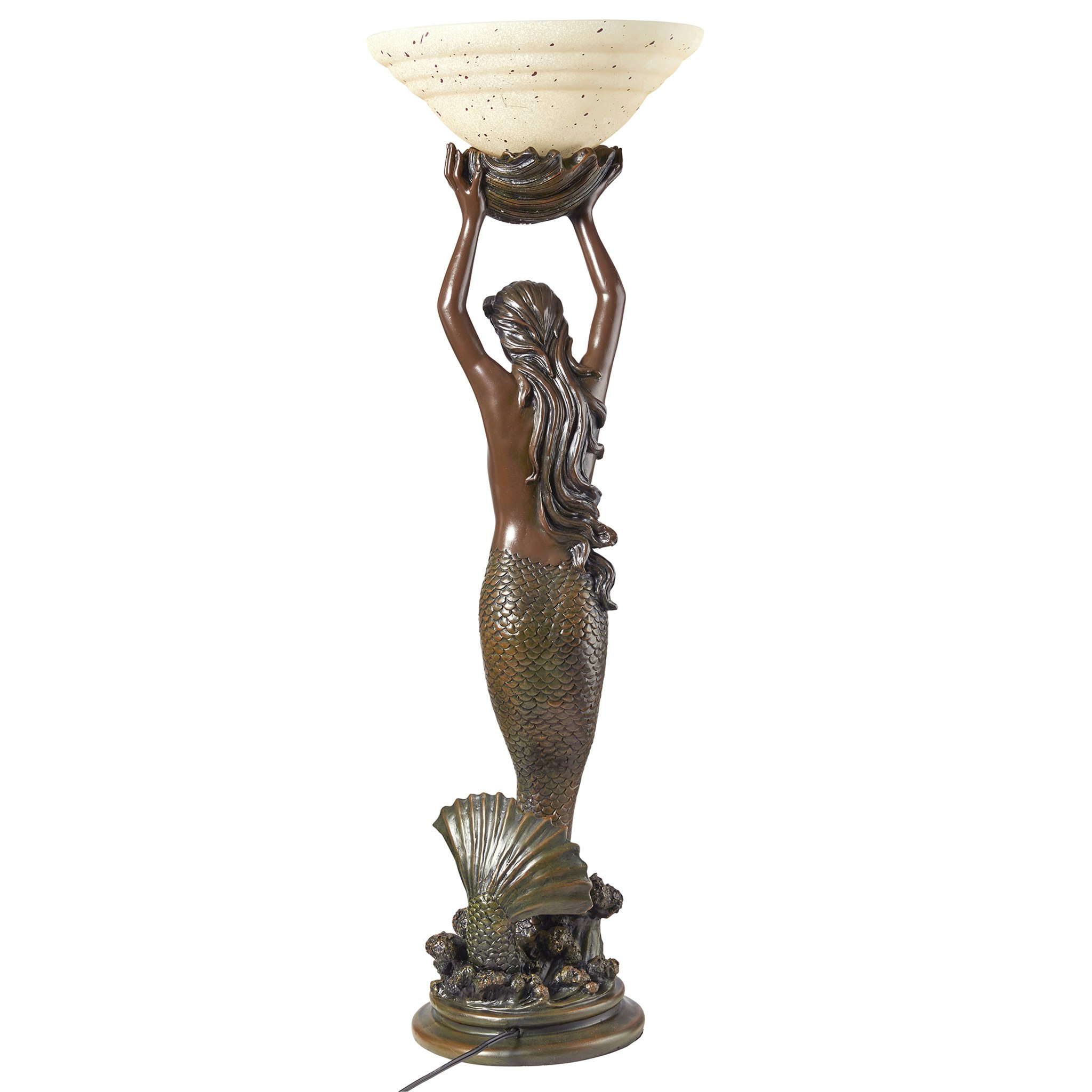 Toscano - The Goddess Offering Mermaid Sculptural Table Lamp in Verdigris, Designer Resin