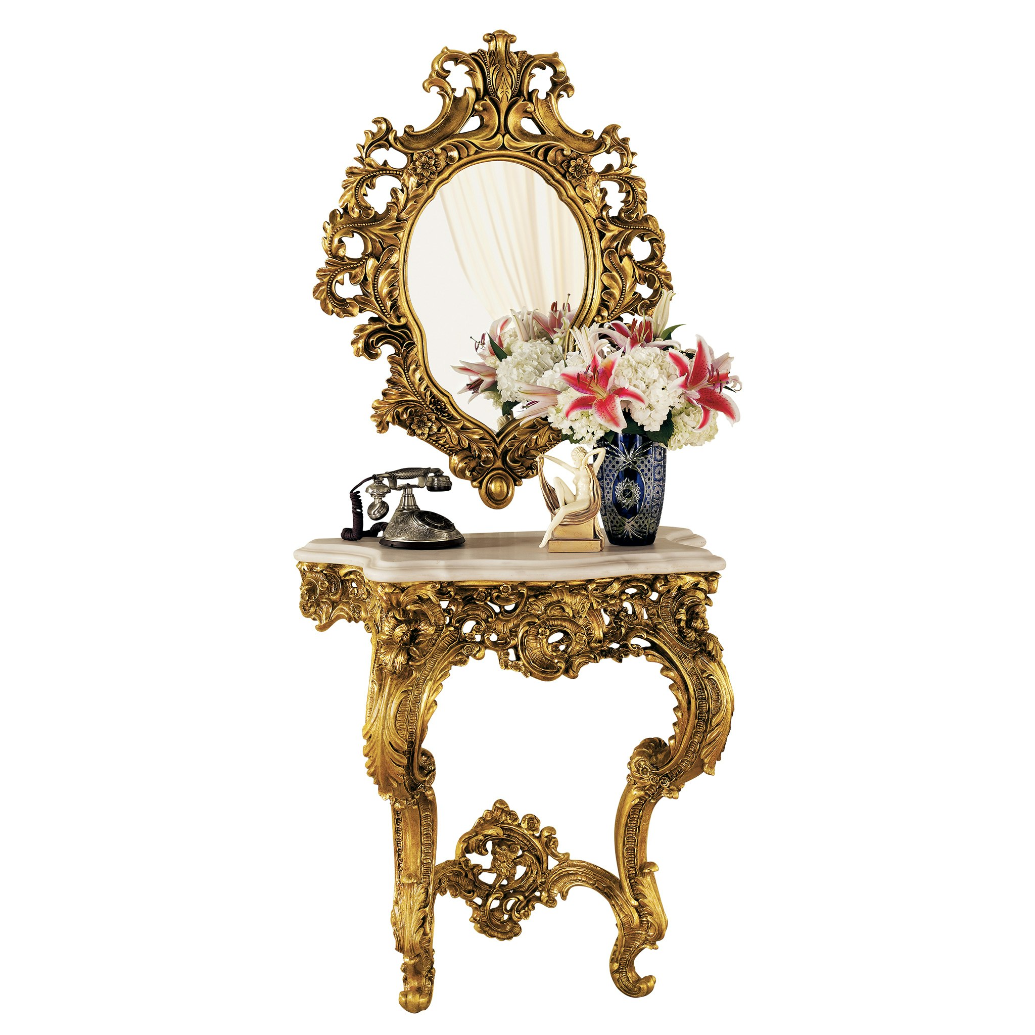 Toscano - Madame Antoinette Wall Console Table with Salon Mirror in Gold, Designer Resin