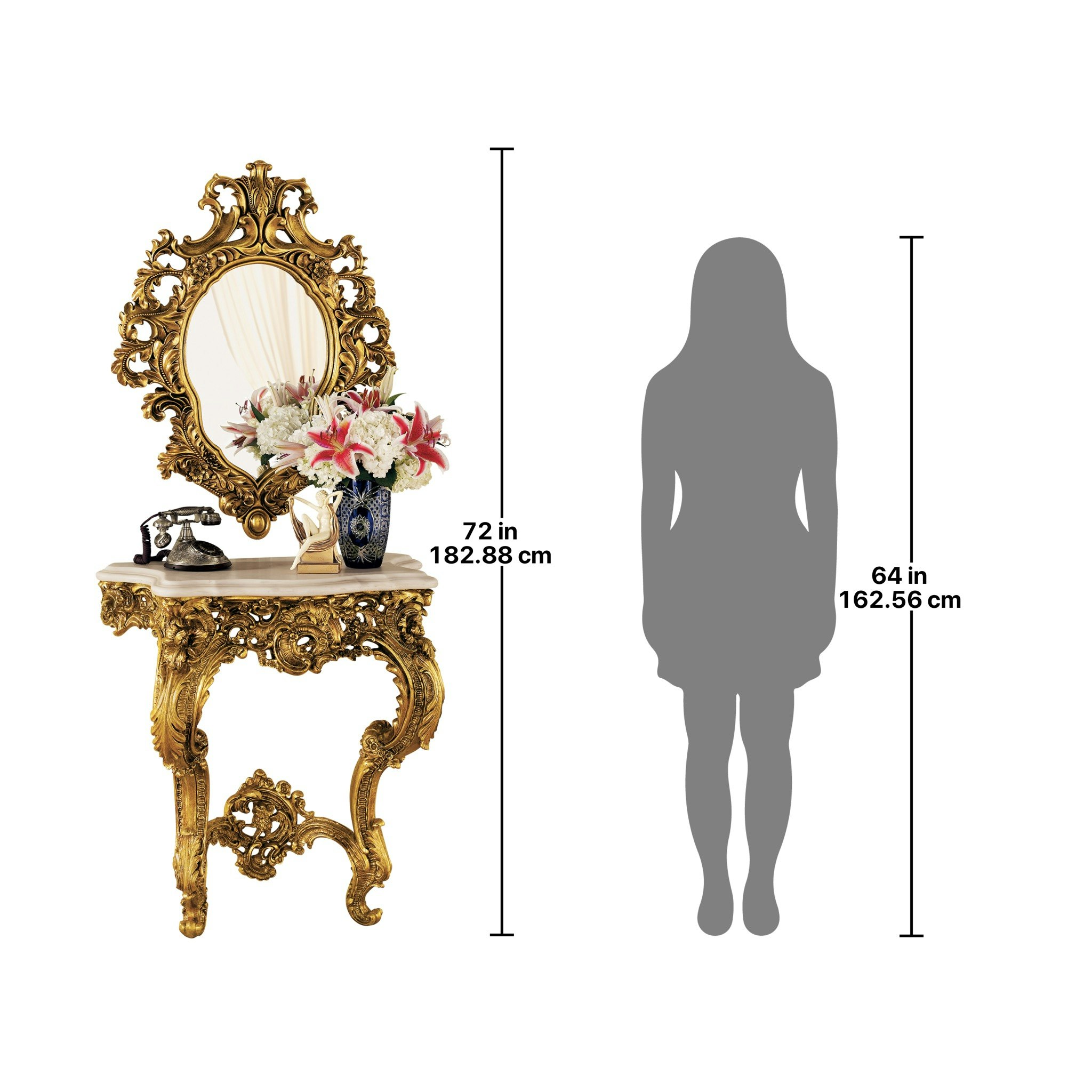 Toscano - Madame Antoinette Wall Console Table with Salon Mirror in Gold, Designer Resin