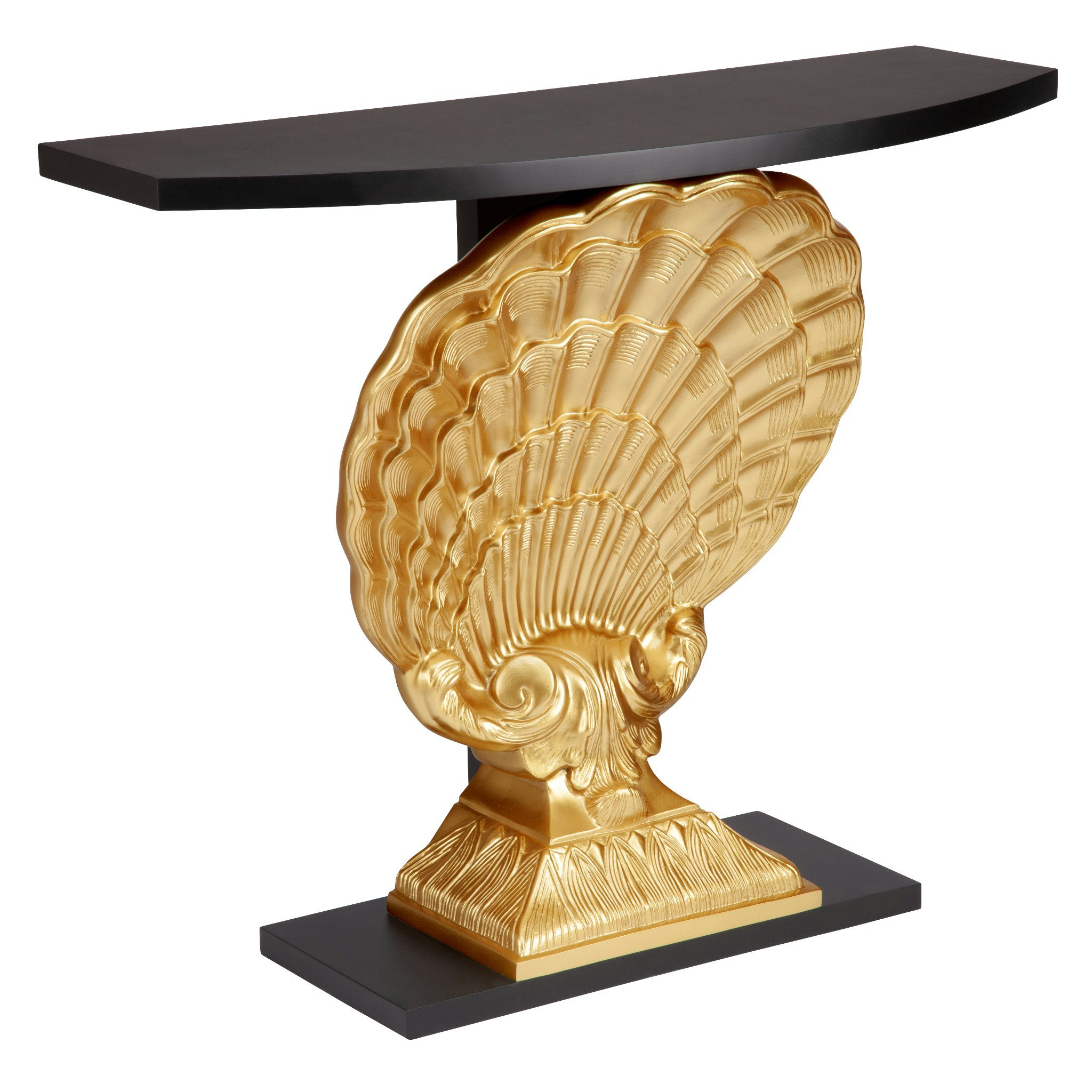 Toscano - Neoclassical French Coquille Sculptural Console Table in Black/Gold, Fiberglass