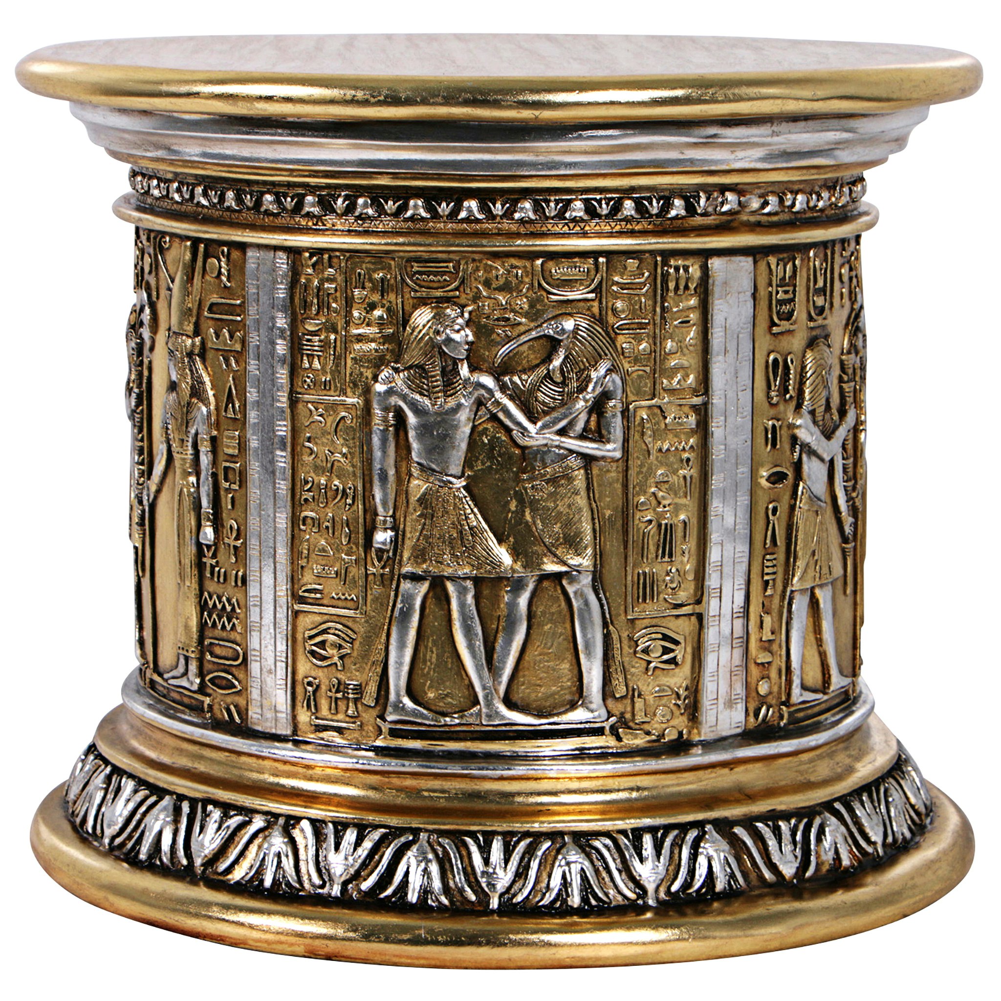 Toscano - Egyptian Karnak Temple Side Table and Statuary Pedestal in Silver/Gold, Fiberglass