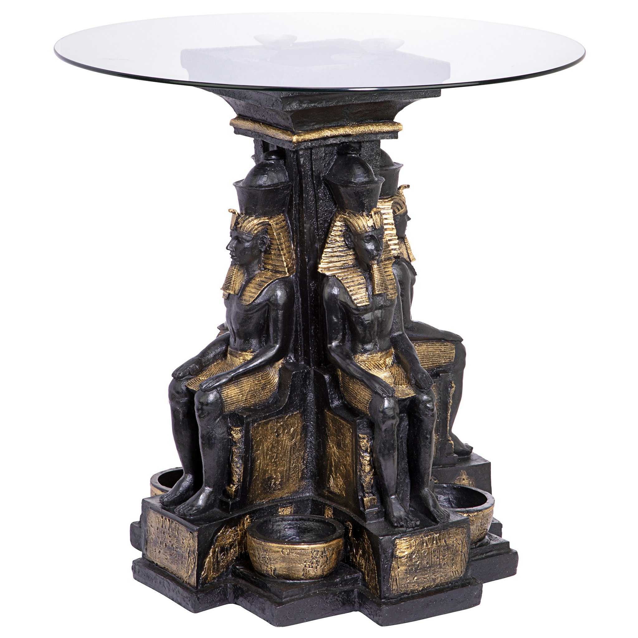 Toscano - Ramses II Egyptian Sculptural Glass-Topped End Table in Black/Gold, Designer Resin