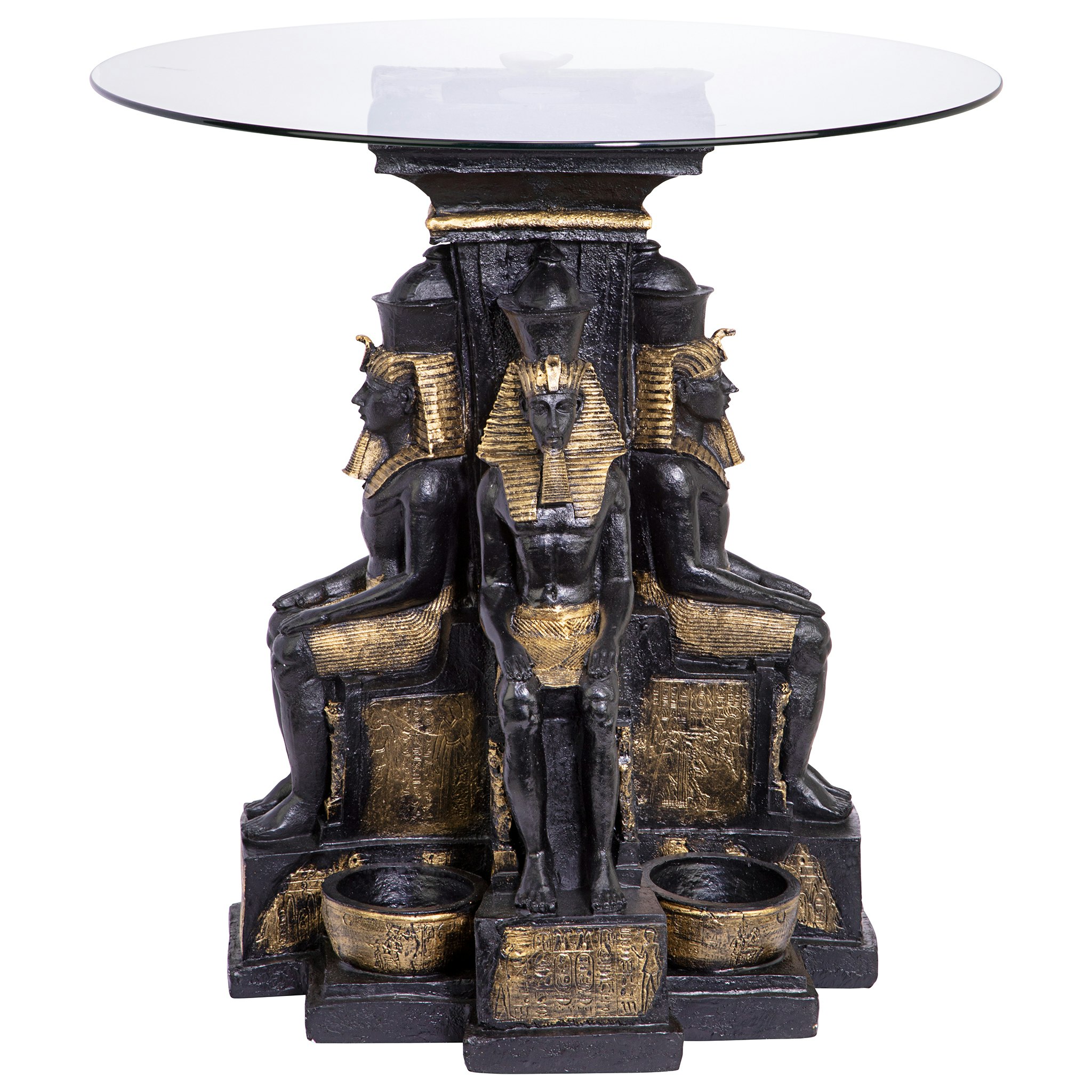 Toscano - Ramses II Egyptian Sculptural Glass-Topped End Table in Black/Gold, Designer Resin