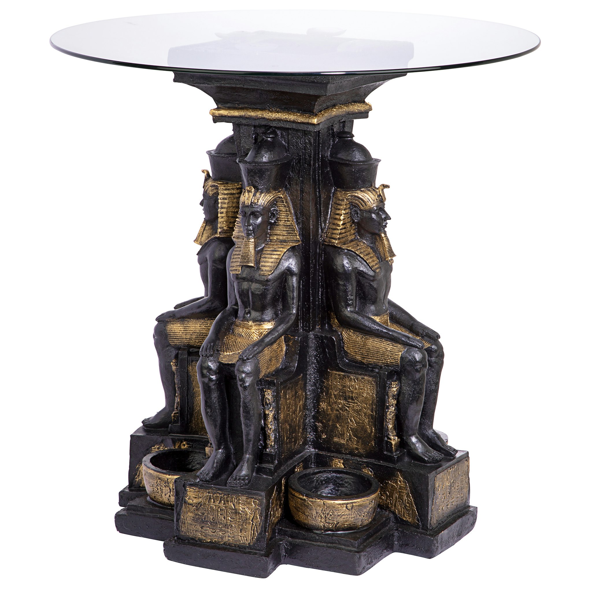 Toscano - Ramses II Egyptian Sculptural Glass-Topped End Table in Black/Gold, Designer Resin