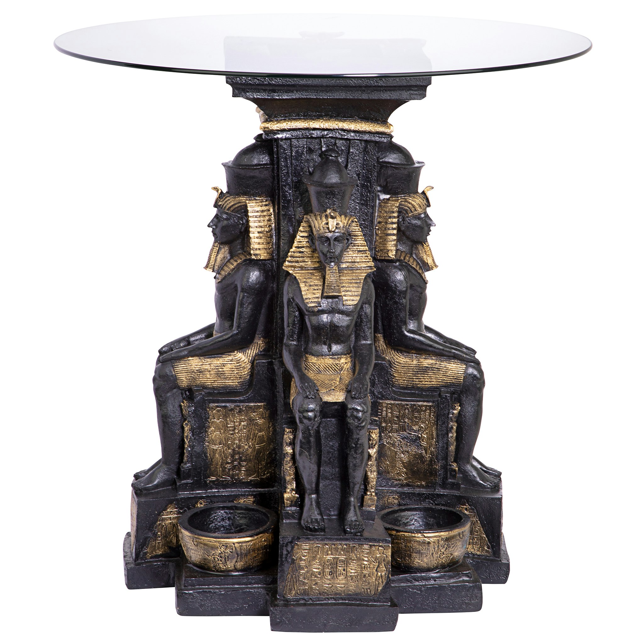 Toscano - Ramses II Egyptian Sculptural Glass-Topped End Table in Black/Gold, Designer Resin