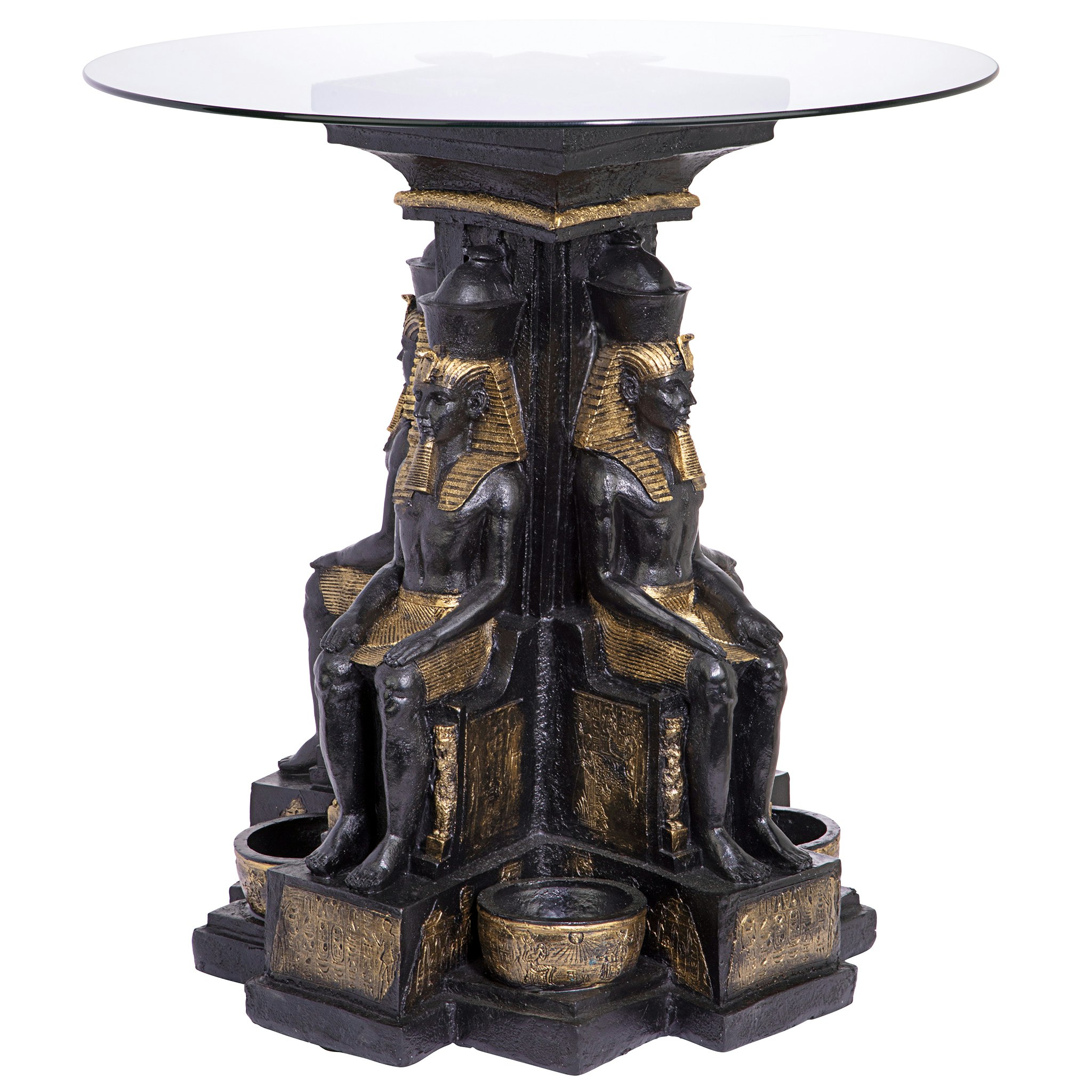 Toscano - Ramses II Egyptian Sculptural Glass-Topped End Table in Black/Gold, Designer Resin