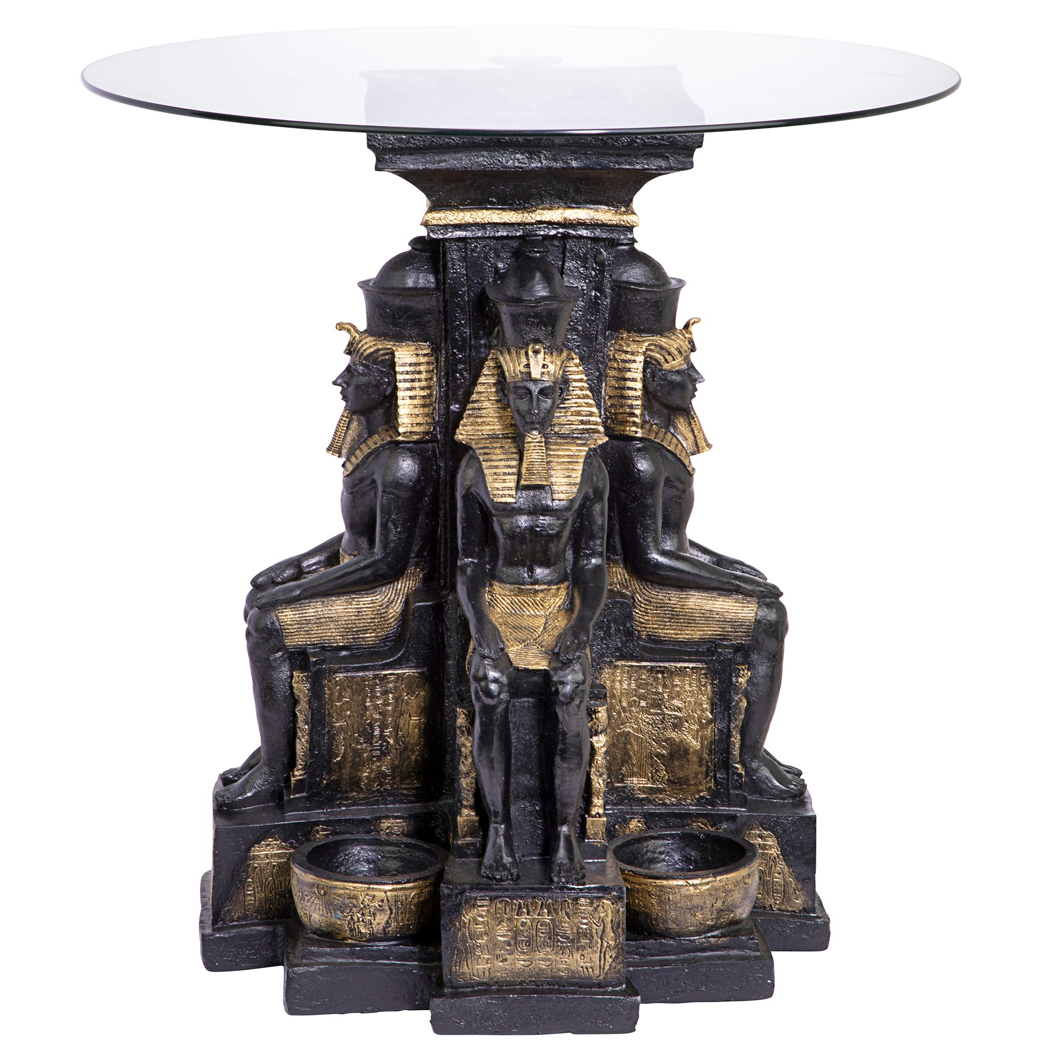 Toscano - Ramses II Egyptian Sculptural Glass-Topped End Table in Black/Gold, Designer Resin