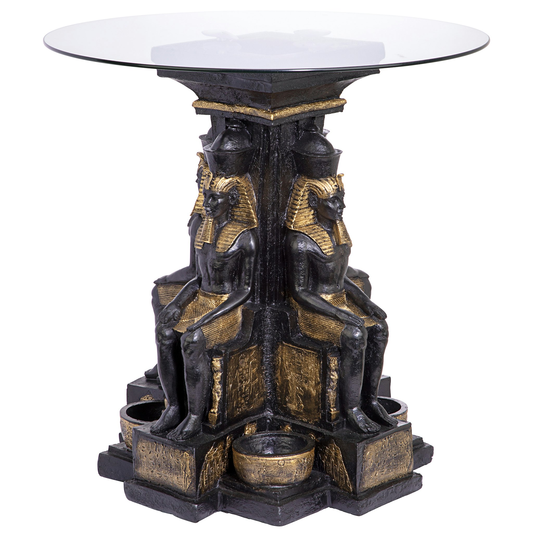 Toscano - Ramses II Egyptian Sculptural Glass-Topped End Table in Black/Gold, Designer Resin