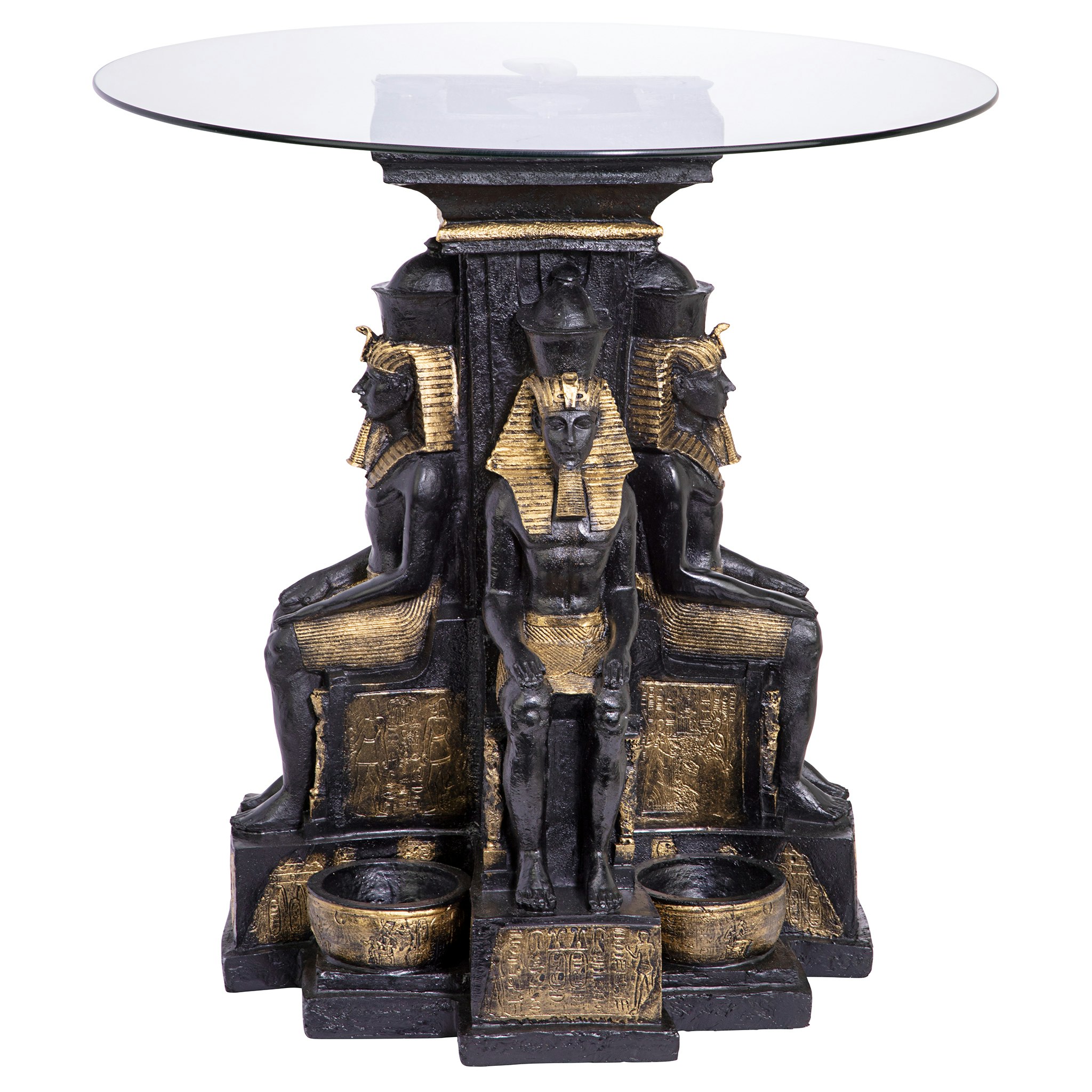 Toscano - Ramses II Egyptian Sculptural Glass-Topped End Table in Black/Gold, Designer Resin