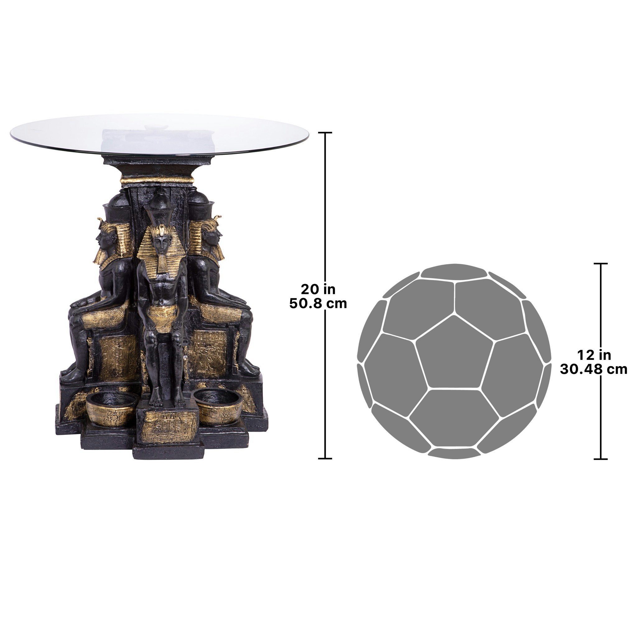 Toscano - Ramses II Egyptian Sculptural Glass-Topped End Table in Black/Gold, Designer Resin