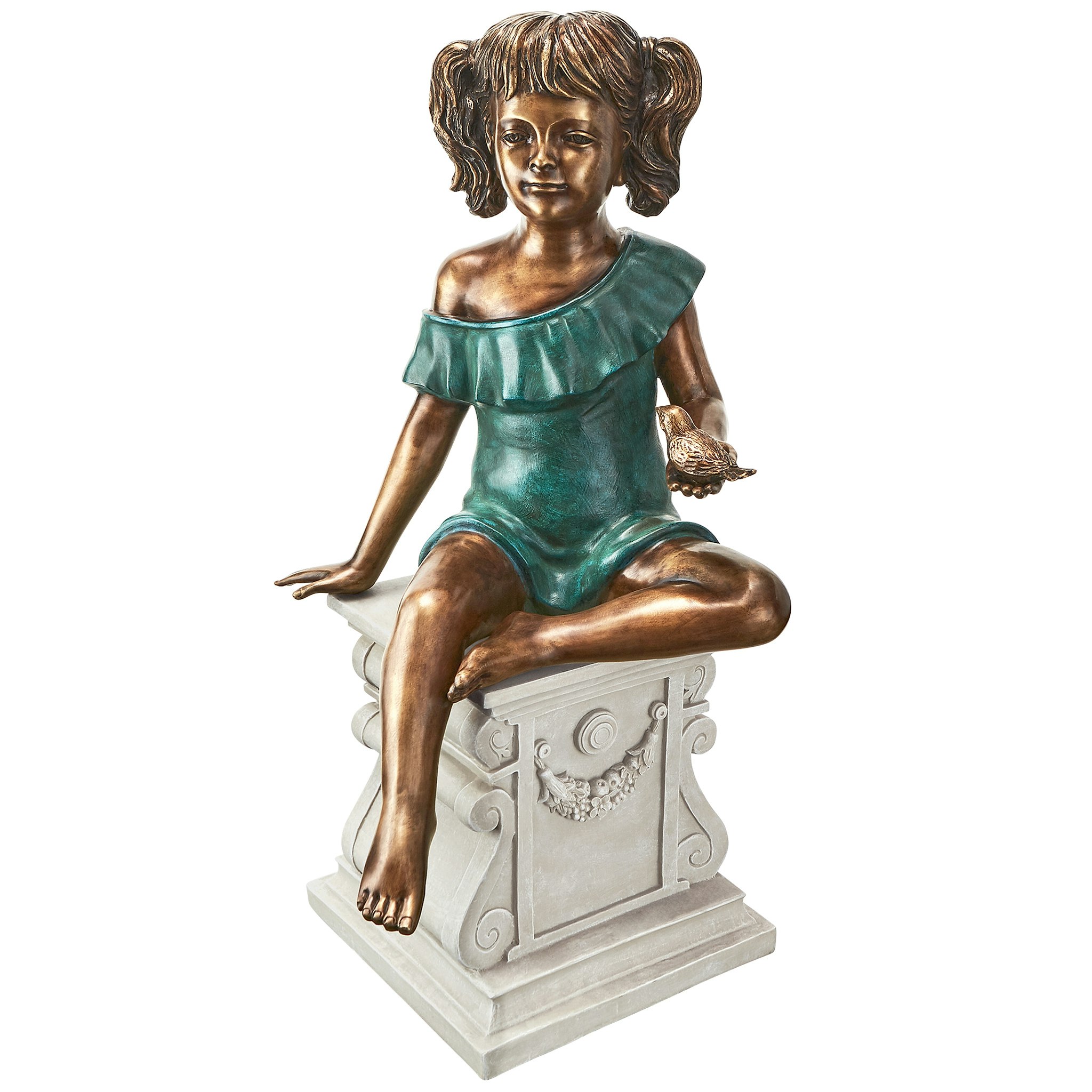 Toscano - Bridgette with Bird Little Girl Garden Statue