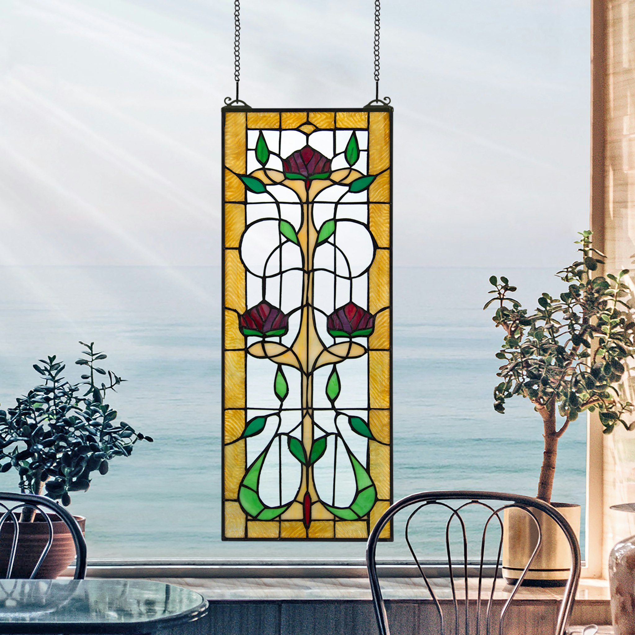 Toscano Ruskin Rose Three Flower Tiffany-Style Stained Glass Window