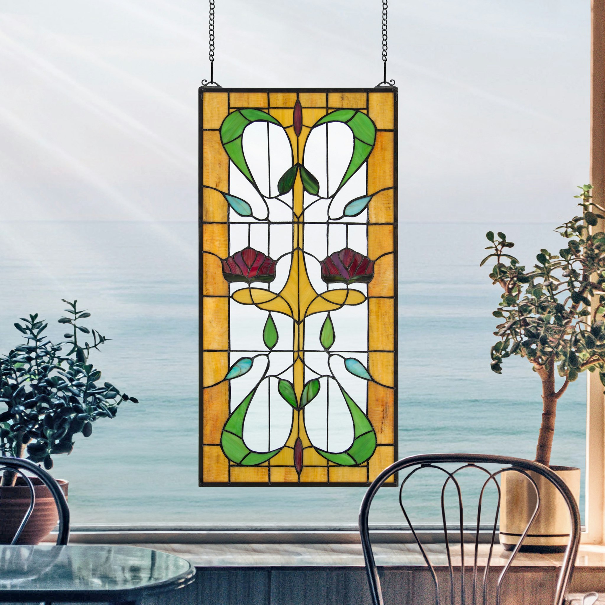 Toscano Ruskin Rose Two Flower Tiffany-Style Stained Glass Window