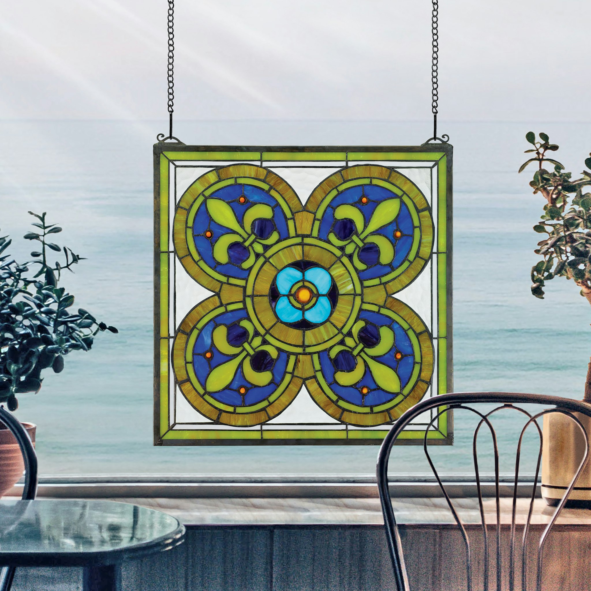 Toscano - Fleur De Lis Quatrefoil Stained Glass Window