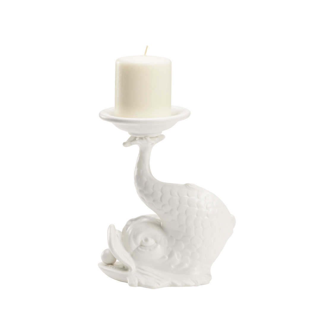 Wildwood - Italian Renaissance Dolphin Candleholder in White Glaze, Ceramic/Porcelain