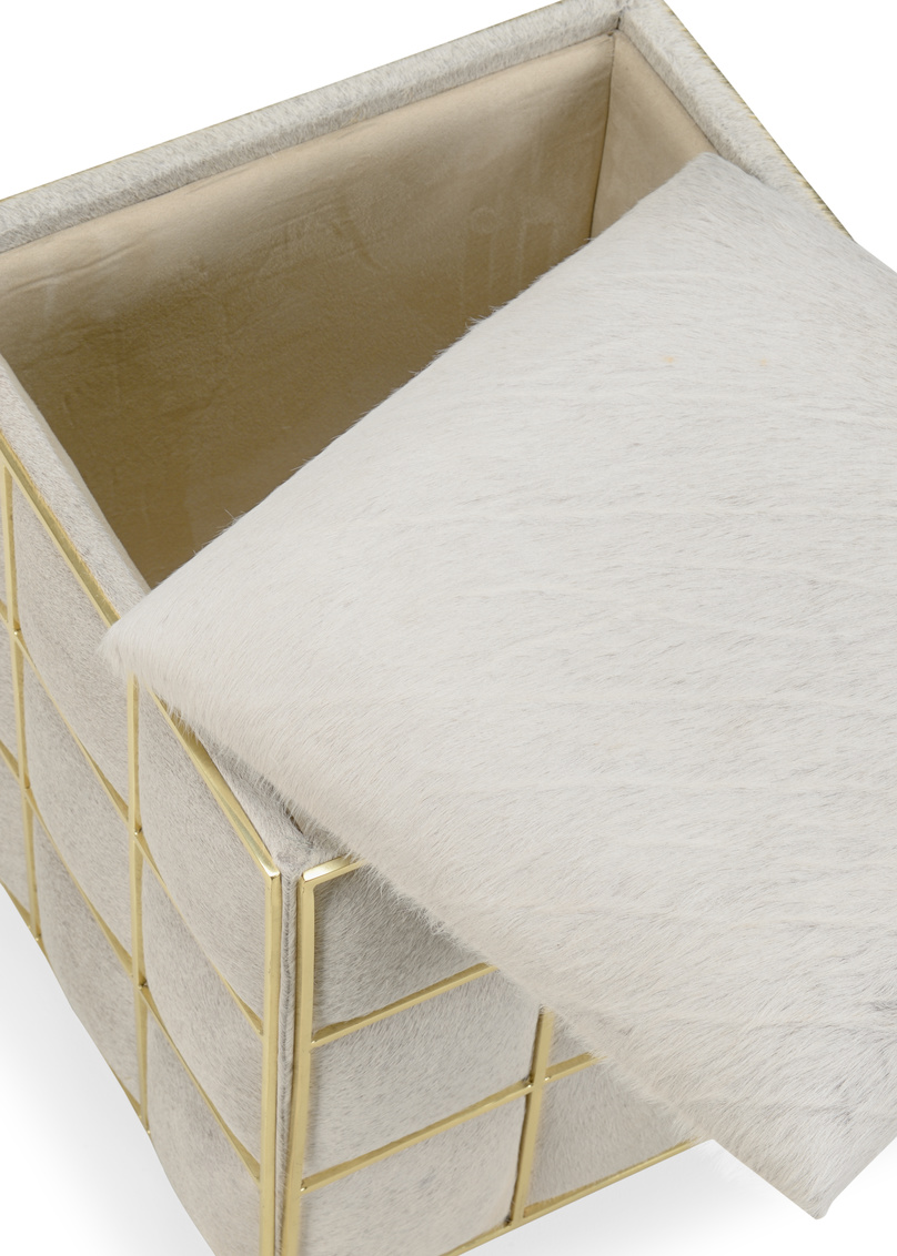 Wildwood - Square Hide Stool in Natural Light Gray/Polished Brass, Hair on Hide