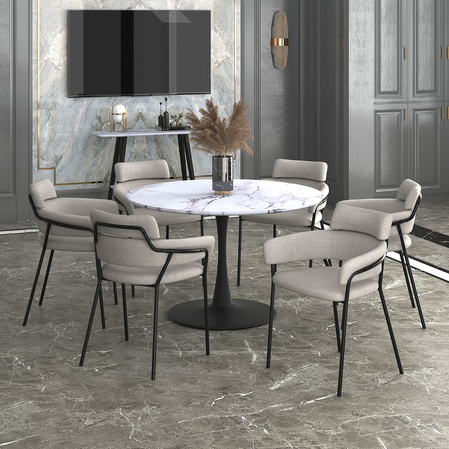 Worldwide Zilo 48" Round Pedestal Dining Table - White Faux Marble/Black