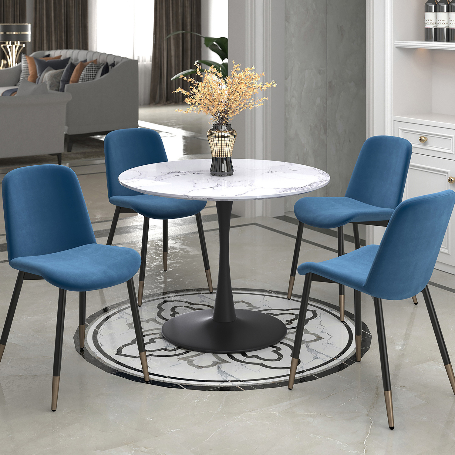 Worldwide Zilo 40" Round Pedestal Dining Table - White Faux Marble/Black