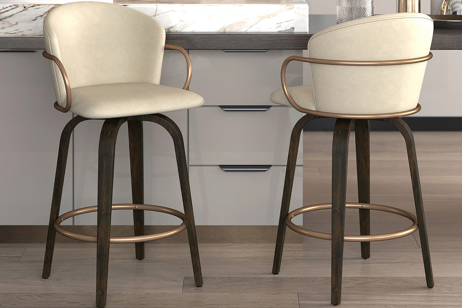 Worldwide Lawson 26" Counter Stool with Swivel Set of 2 - Ivory/Brown/Aged Gold