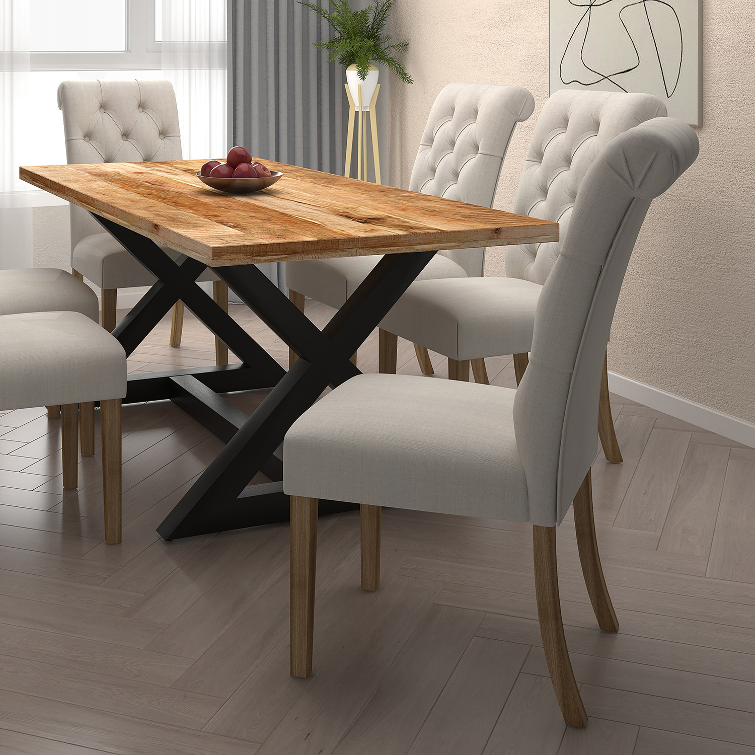 Worldwide™ Zax/Melia Dining Set of 7 - Natural Table/Beige Chair