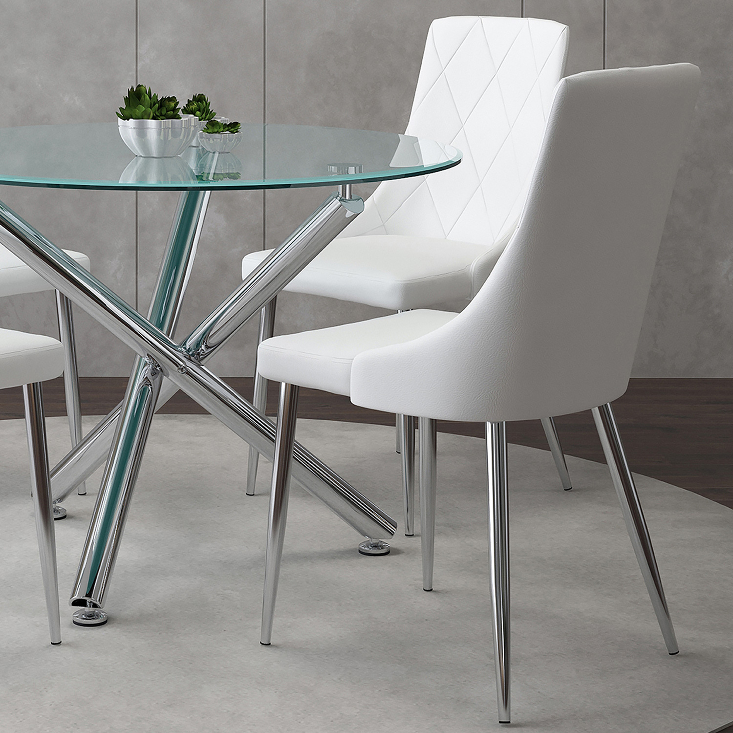 Worldwide Solara/Devo Dining Set of 5 - Chrome Table/White Chair