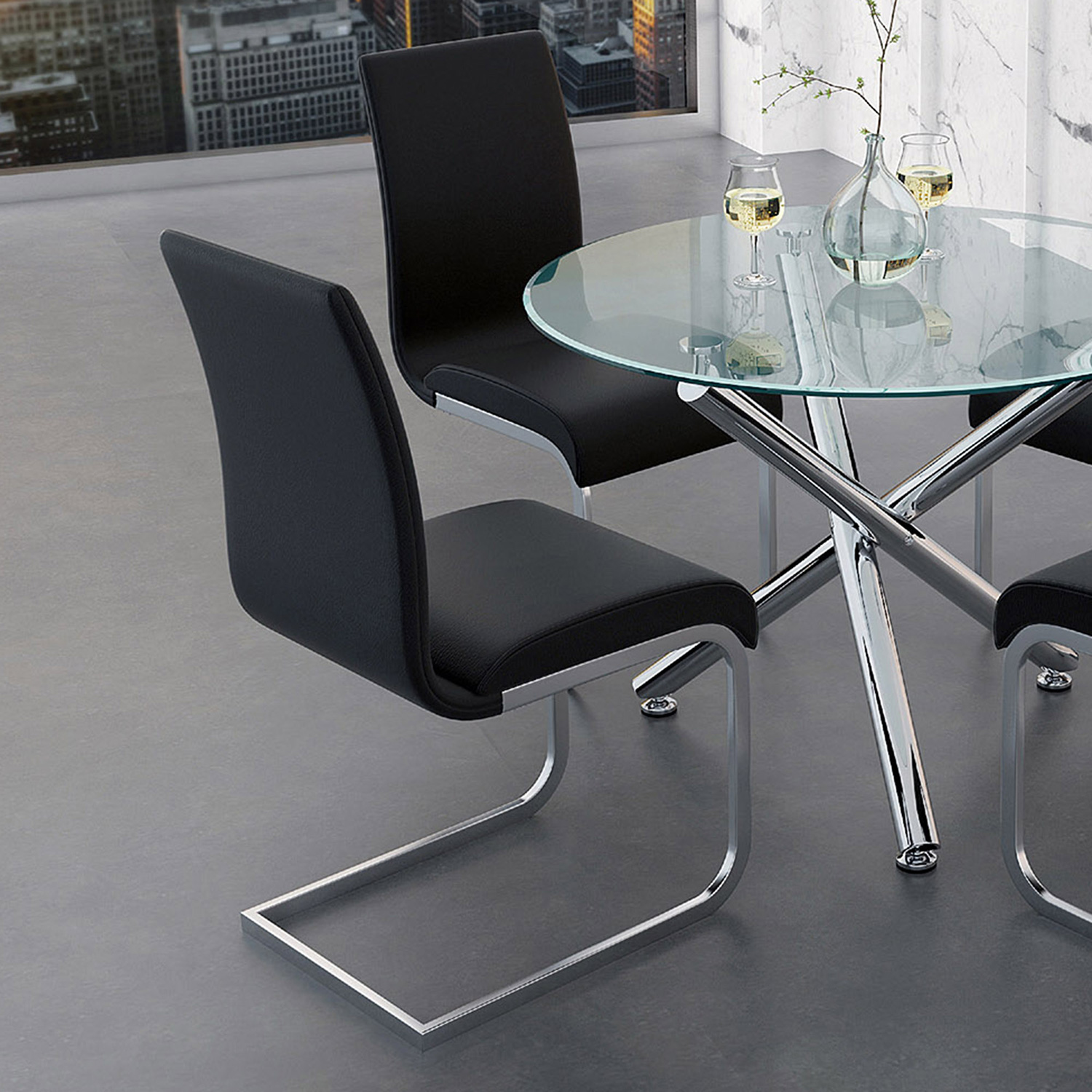 Worldwide Solara/Maxim Dining Set of 5 - Chrome Table/Black Chair