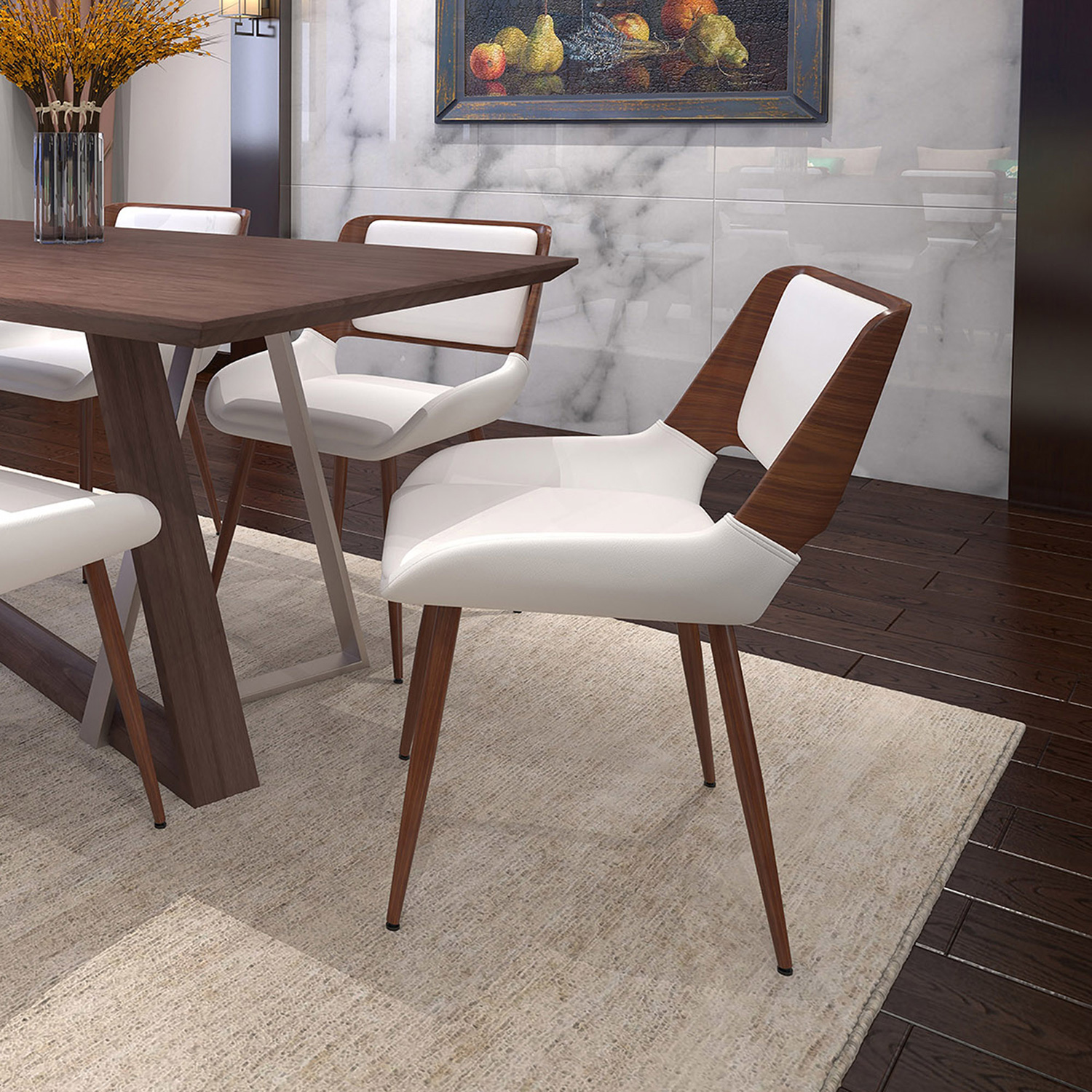 Worldwide Drake/Hudson Dining Set of 7 - Walnut Table/White Chair