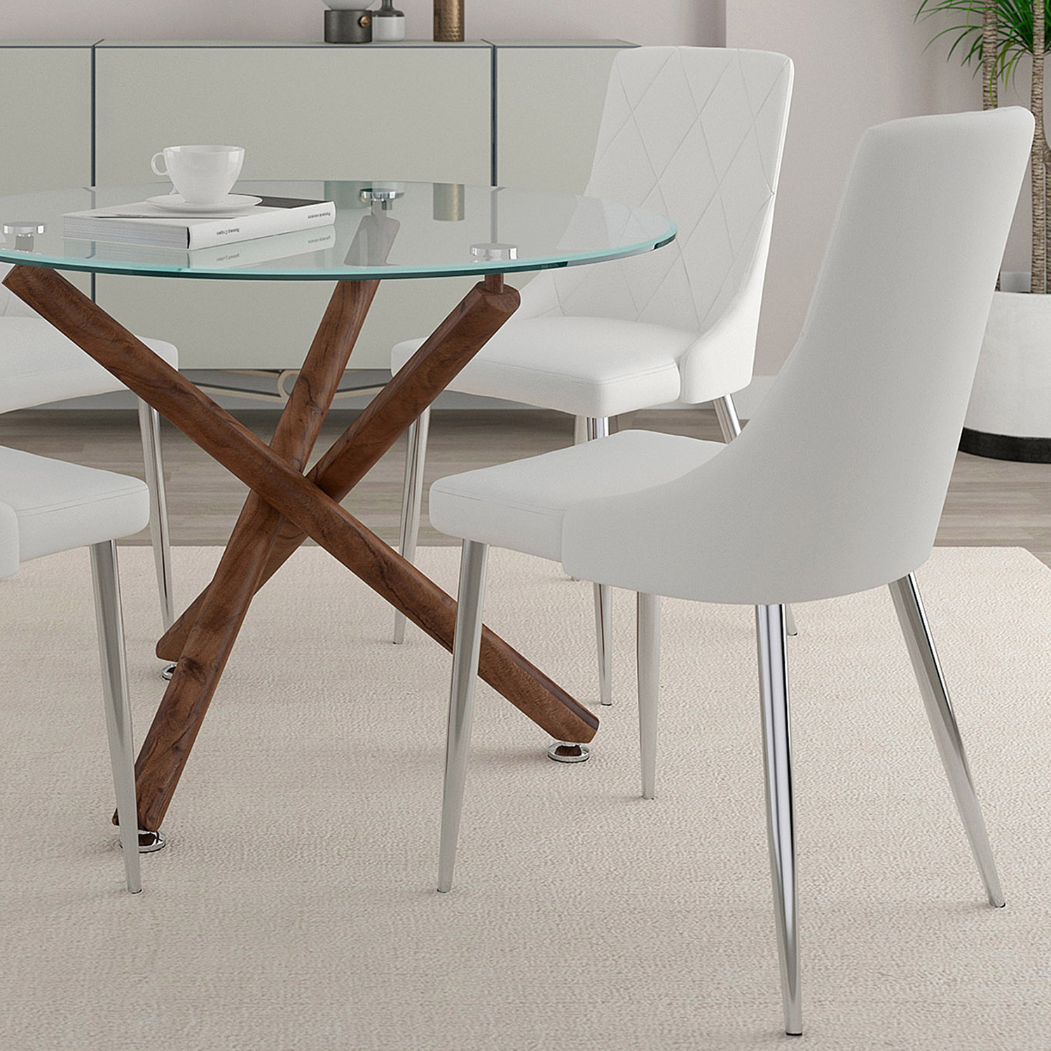 Worldwide Rocca/Devo Dining Set of 5 - Walnut Table/White Chair