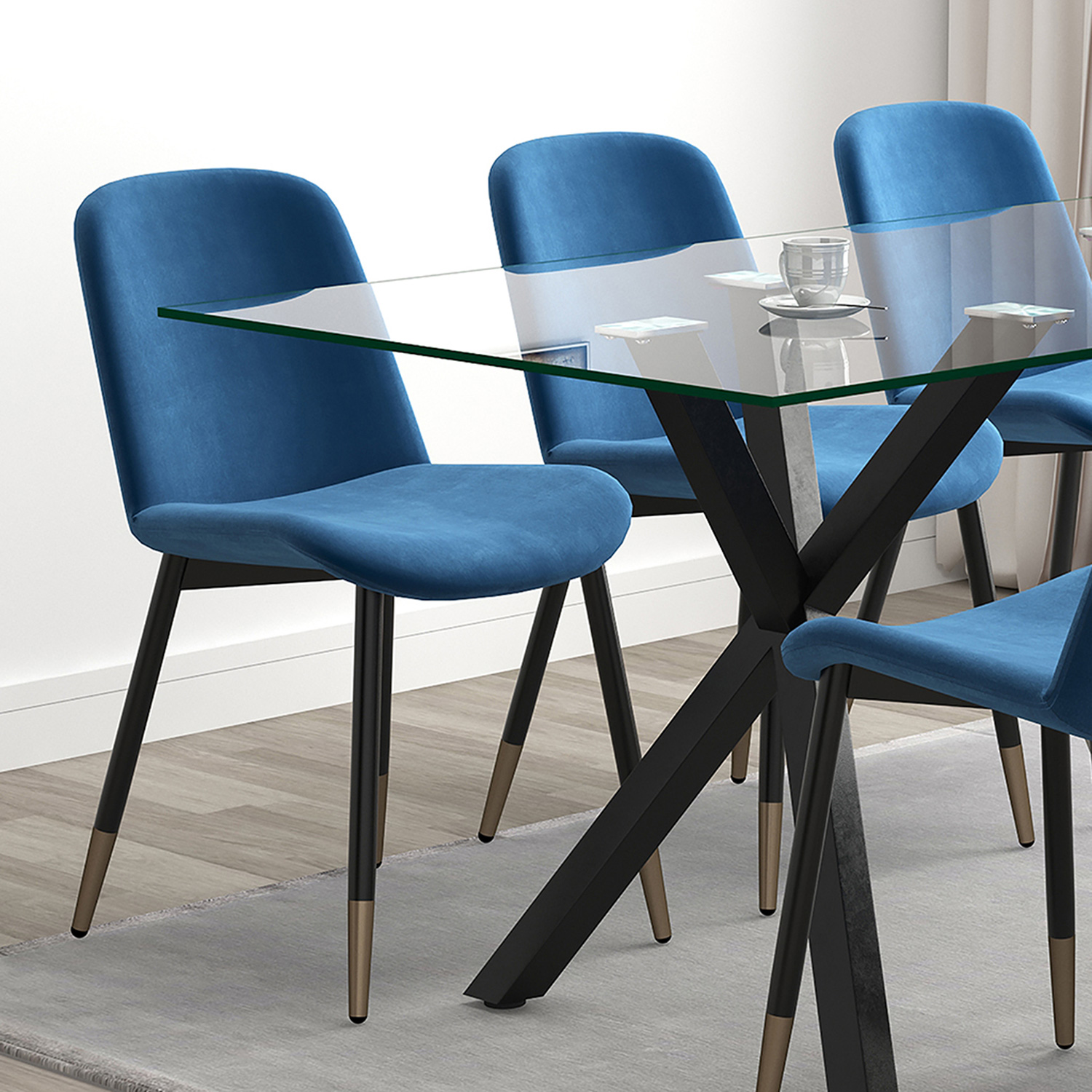 Worldwide Stark/Gabi Dining Set of 7 - Black Table/Blue Chair