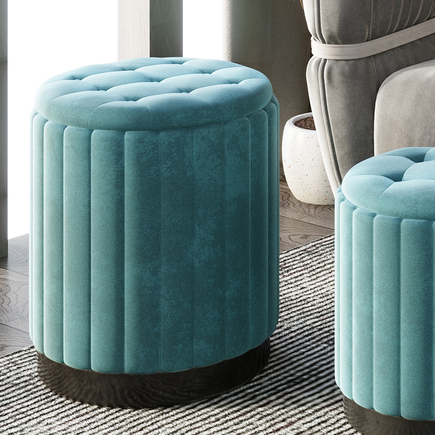 Worldwide Tobi Round Storage Ottoman Set of 3 - Teal/Black