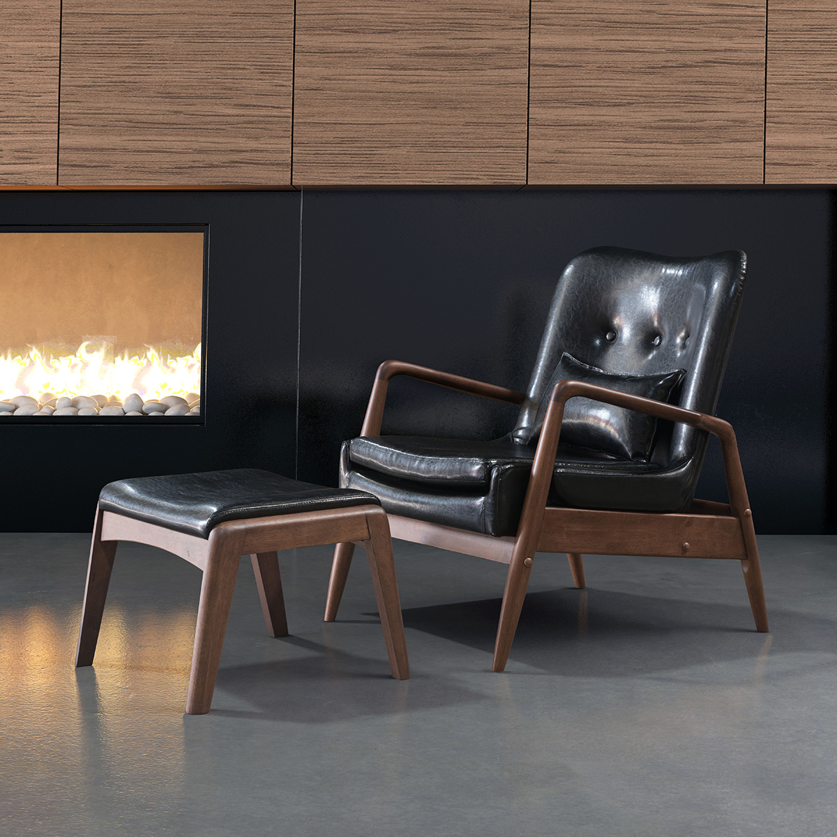 ZUO Bully Lounge Chair & Ottoman - Black/Walnut