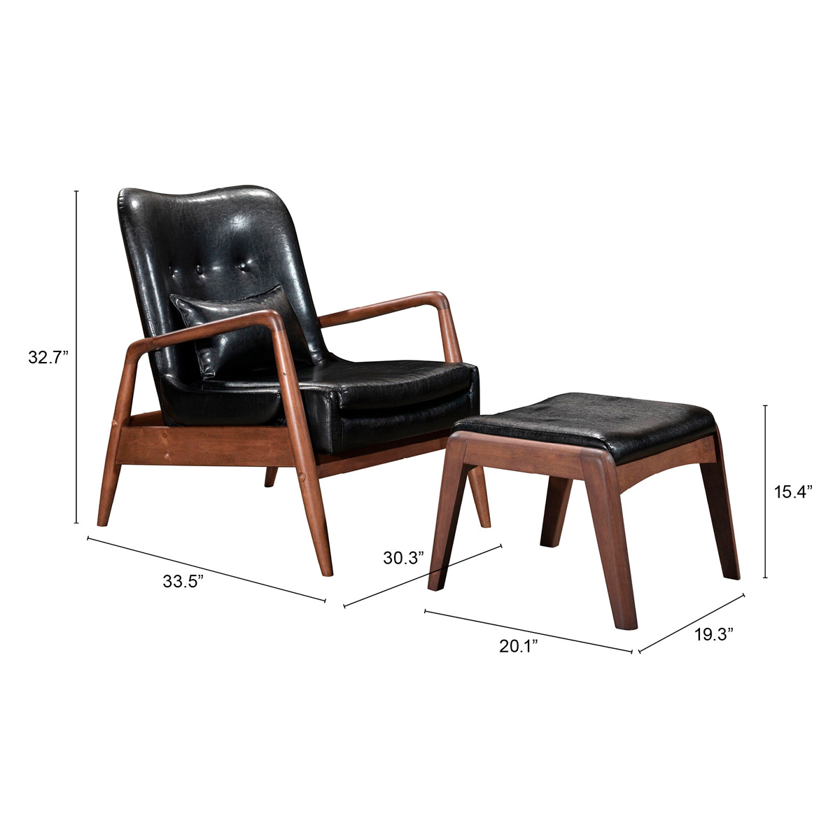 ZUO Bully Lounge Chair & Ottoman - Black/Walnut