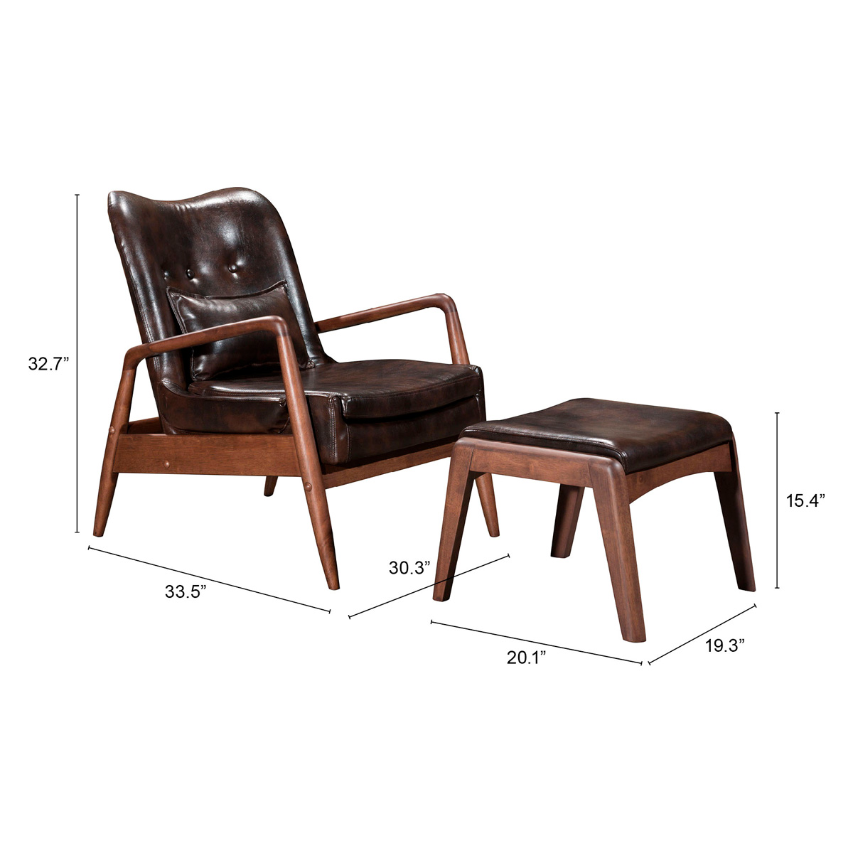 ZUO Bully Lounge Chair & Ottoman - Brown/Walnut