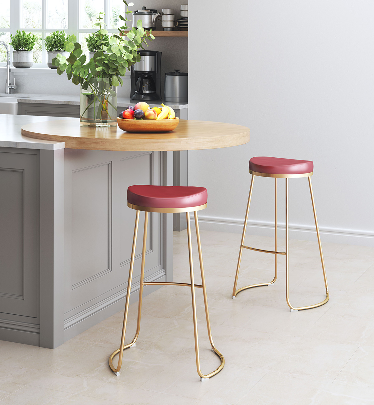 ZUO Bree Barstool (Set Of 2) - Burgundy/Gold